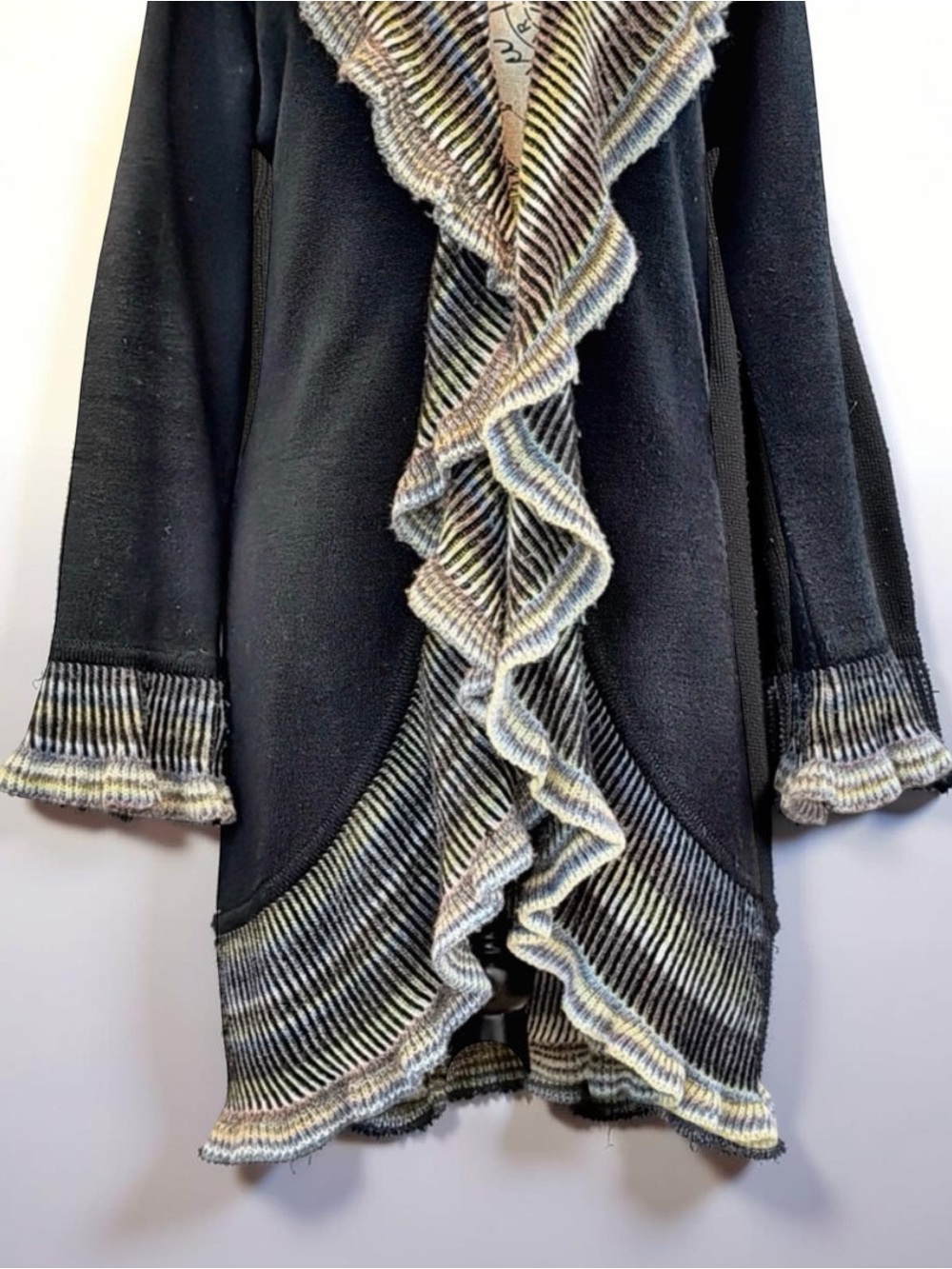 ANGEN Merino Wool Ruffle Shawl Collar Cardigan | Small | Multicolor Trim | Italy - Picture 10 of 14